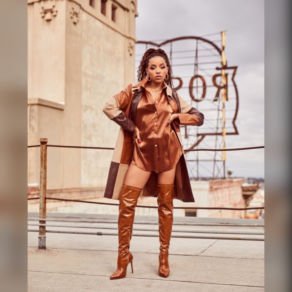 Camel Patent Thigh High Boots (Wide Calf) - Picture 5 of 6